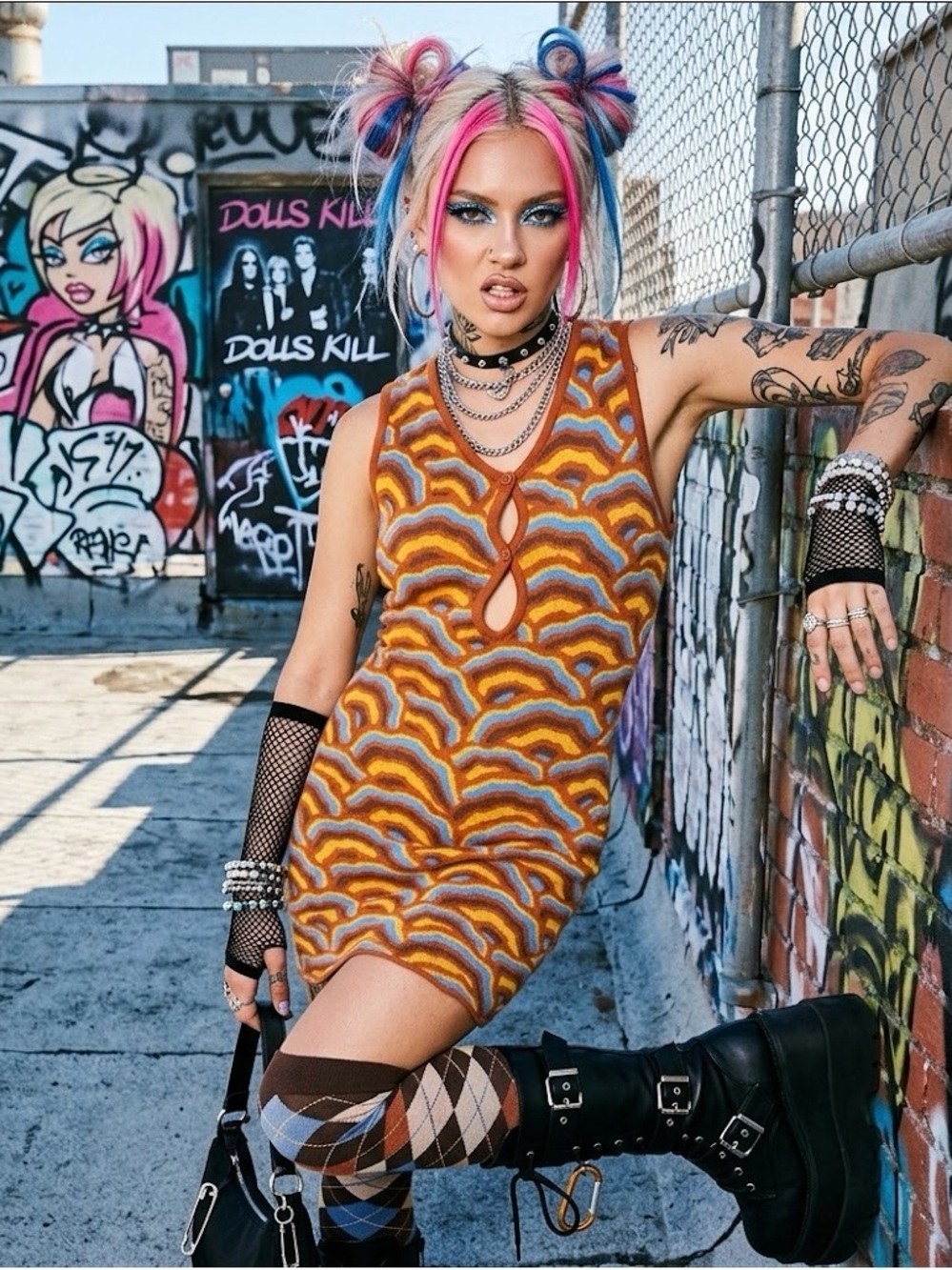 Dolls kill x milk it Retro Wave Knit Tank Dress in Rust, Mustard & Sky Blue 6